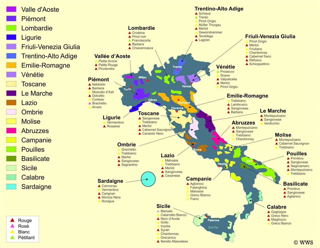 carte des régions viticoles en Italie 